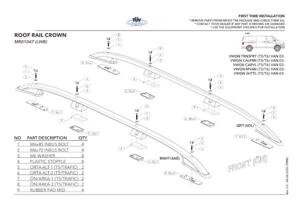 T5 T6 PORTBAGAJ TAVAN ÇİTASI UZUN ŞASE 2003-2024 ARASI