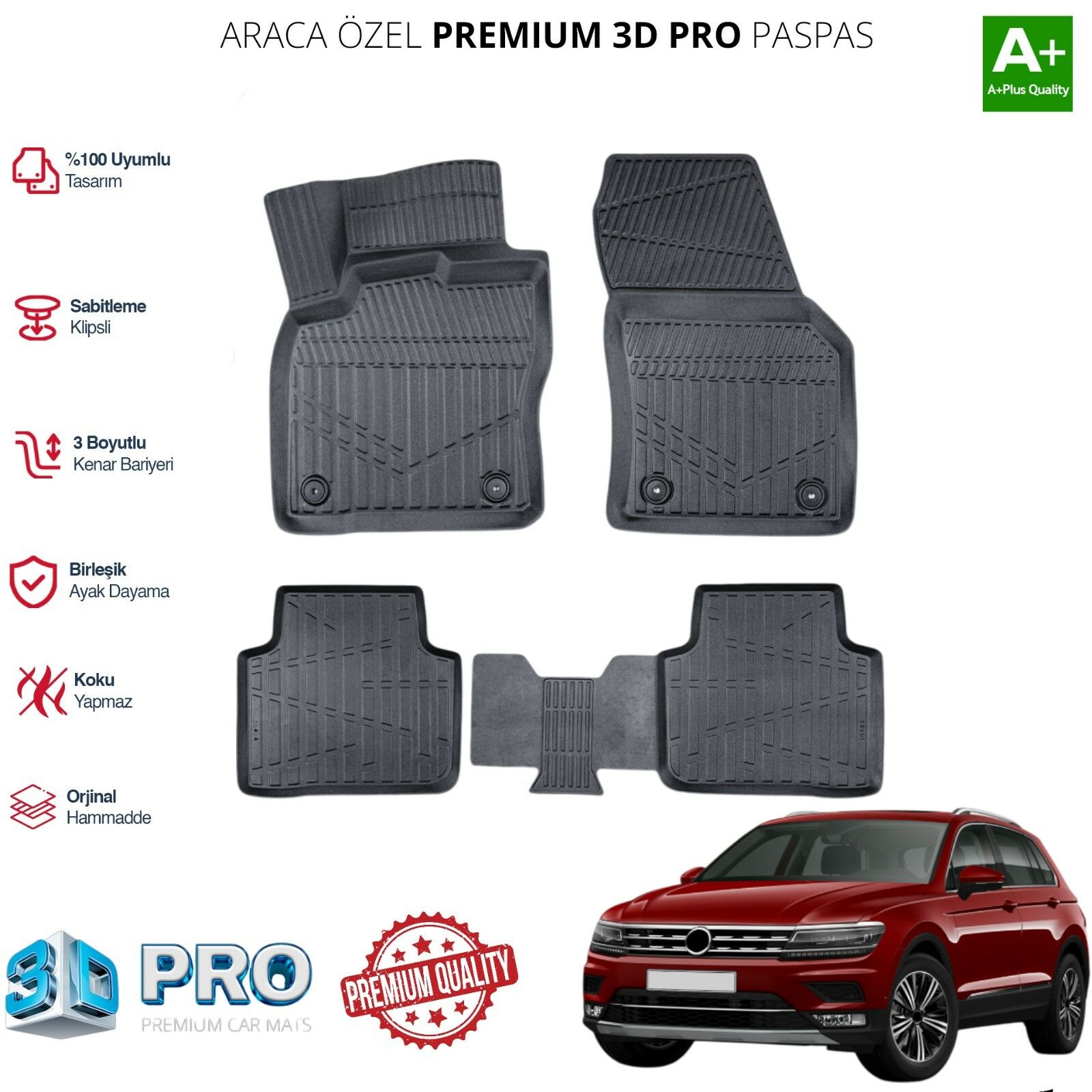 TİGUAN ARACA ÖZEL 3D PASPAS 2016 2017 2018 2019 2020 2021 2022 2023