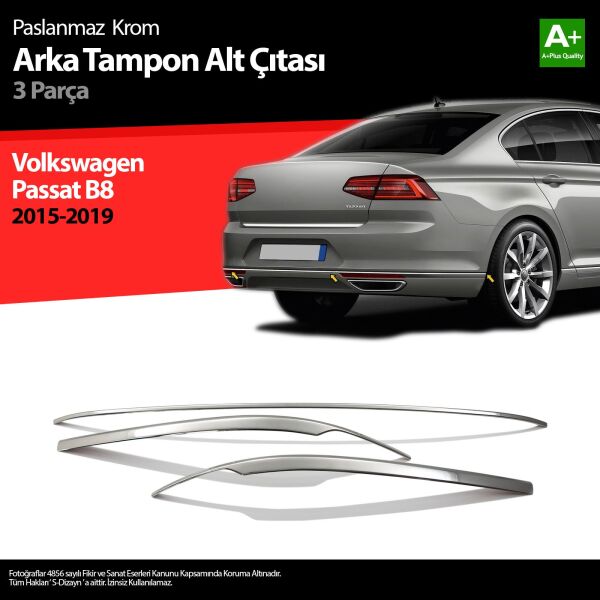 VW Passat B8 Krom Arka Tampon Alt Çıtası 3 Parça 2015 2016 2017 2018 2019