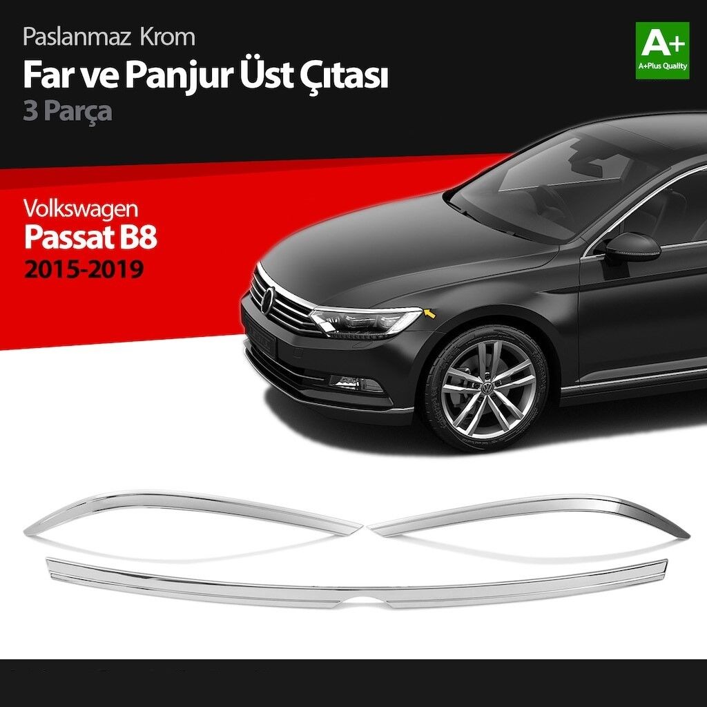 VW Passat B8 Krom Far Üzeri Çıta Seti 3 Parça 2015 2016 2017 2018 2019