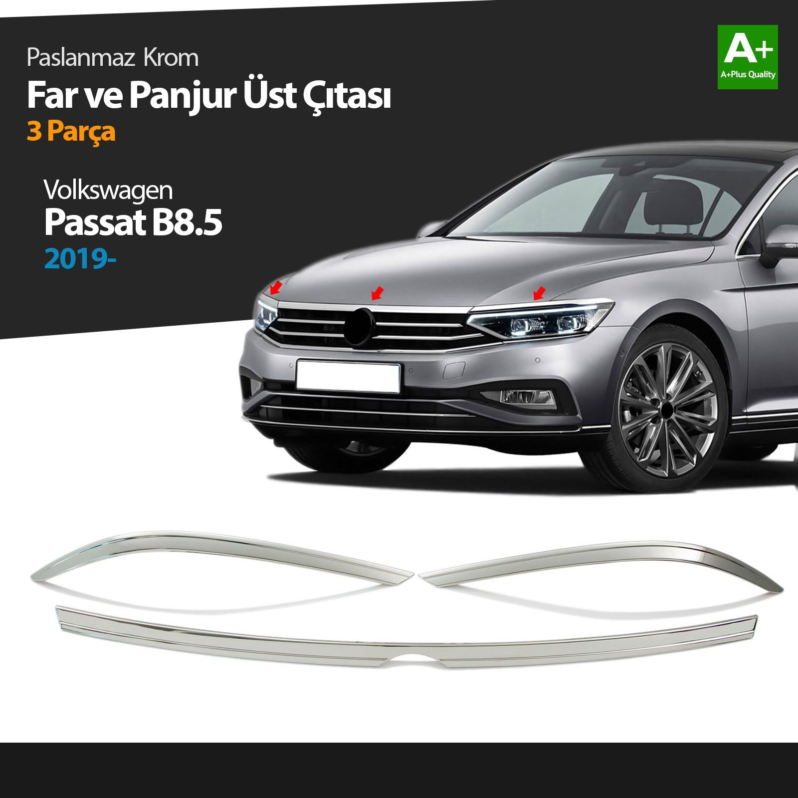 VW Passat B8.5 Krom Far Üzeri Çıta Seti 3 Parça 2019 2020 2021 2022 2023