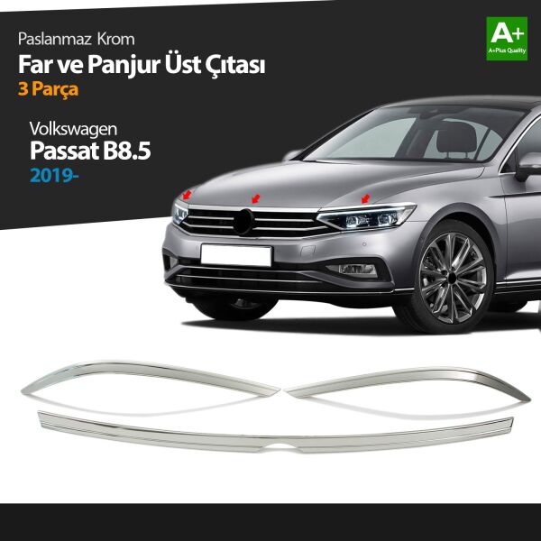 VW Passat B8.5 Krom Far Üzeri Çıta Seti 3 Parça 2019 2020 2021 2022 2023