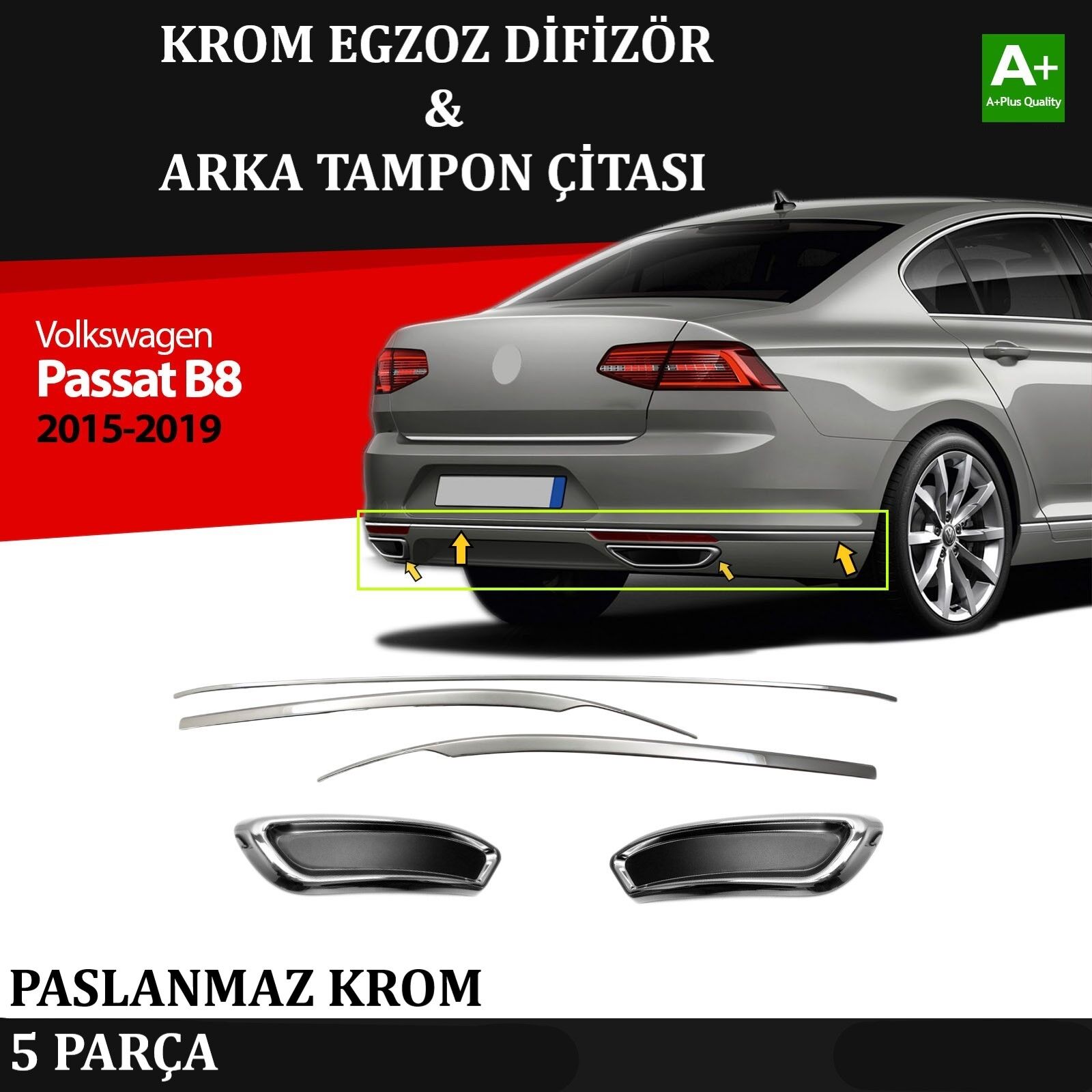 VW Passat B8 Arka Tampon Alt Çıtası & Egzoz Görünümü Difüzör Krom Takım 2015 2016 2017 2018 2019