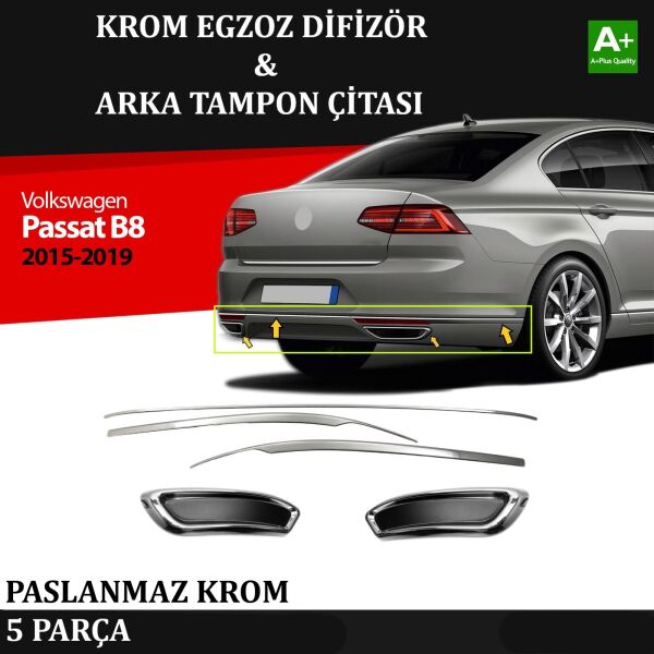 VW Passat B8 Arka Tampon Alt Çıtası & Egzoz Görünümü Difüzör Krom Takım 2015 2016 2017 2018 2019