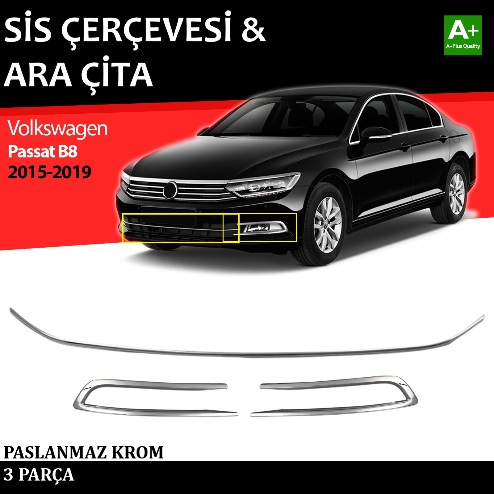 VW Passat B8 Sis Farı Çerçevesi & Ara Çıtası Krom Takımı 2015 2016 2017 2018 2019