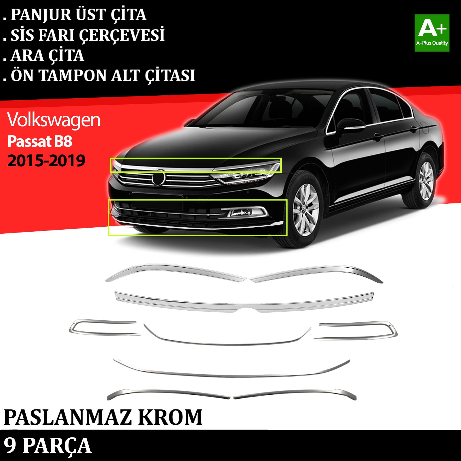 VW Passat B8 Far Üzeri & Sis Farı Çerçevesi & Ara Çıtası & Tampon Çitası 2015 2016 2017 2018 2019