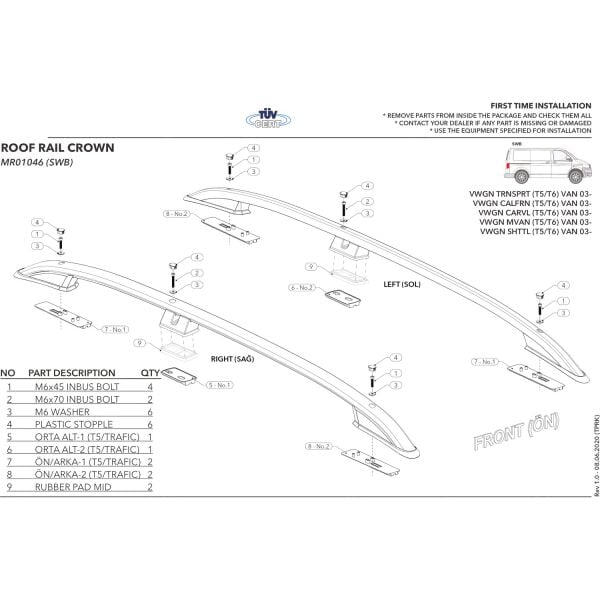 TRANSPORTER CARAVELLA T6 KISA ŞASE SİYAH TAVAN ÇITASI PORT BAGAJ